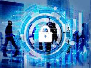 Career cyber security concept. Lock graphic and workers in silhouette