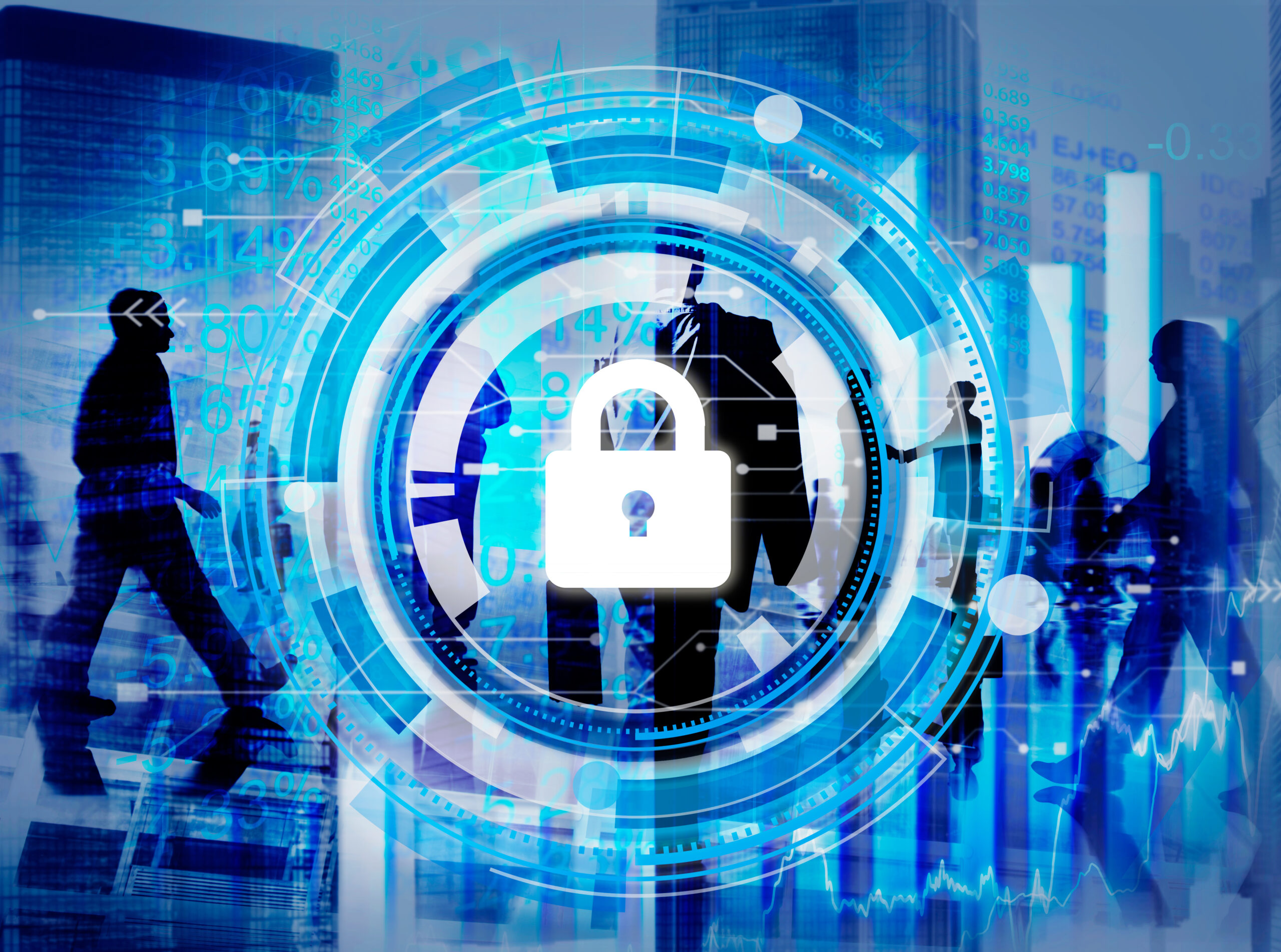 Career cyber security concept. Lock graphic and workers in silhouette