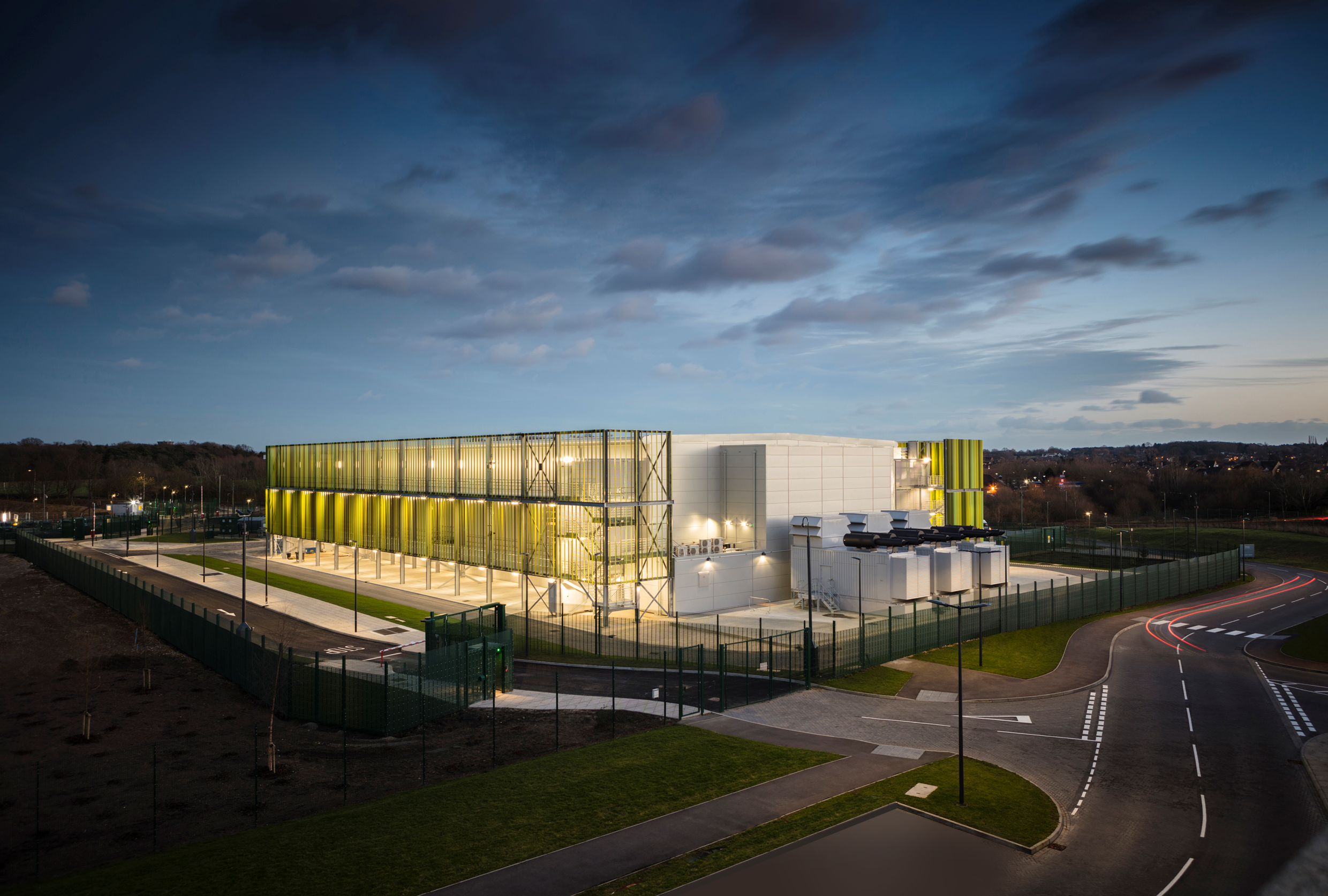 Kao Data datacentre in Harlow, East London at night. Trends in data centre sustainability concept