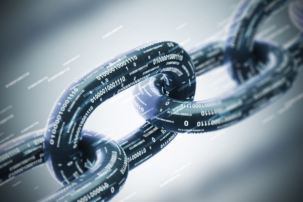 3D digital illustration of code inside chain links. blockchain start-up concept