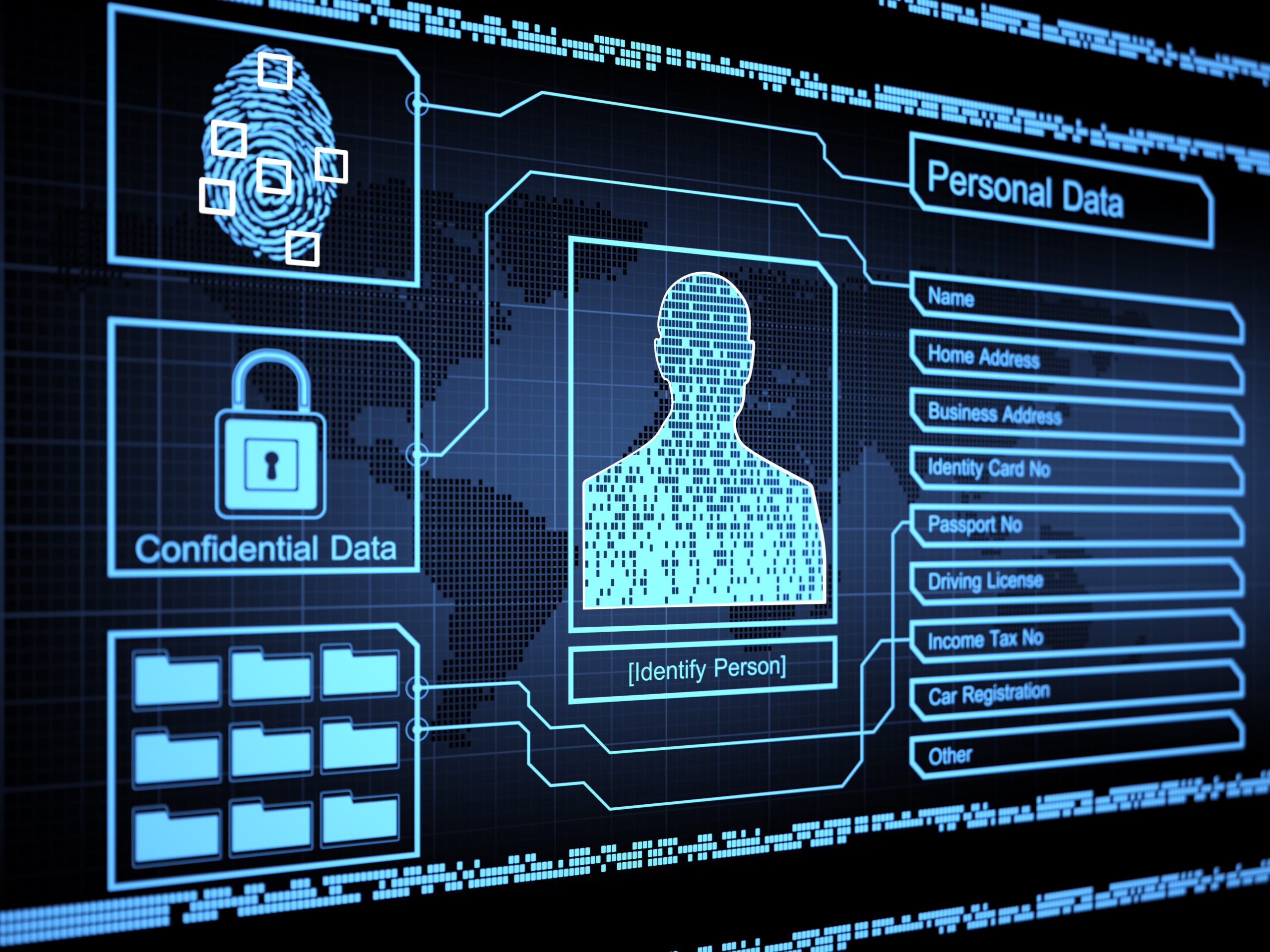 Computer screen with biometrics, data privacy concept