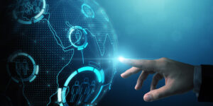 Abstract finger touching digital hologram, technical talent concept