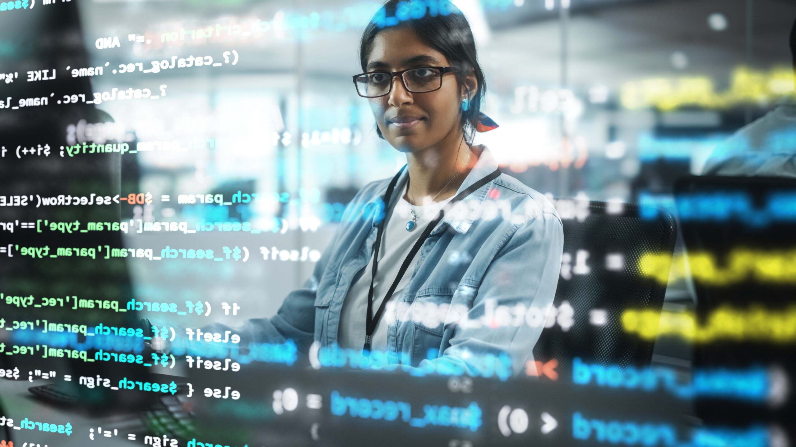 Diversity cybersecurity concept. Confident Indian programmer watching lines of superimposed running code.