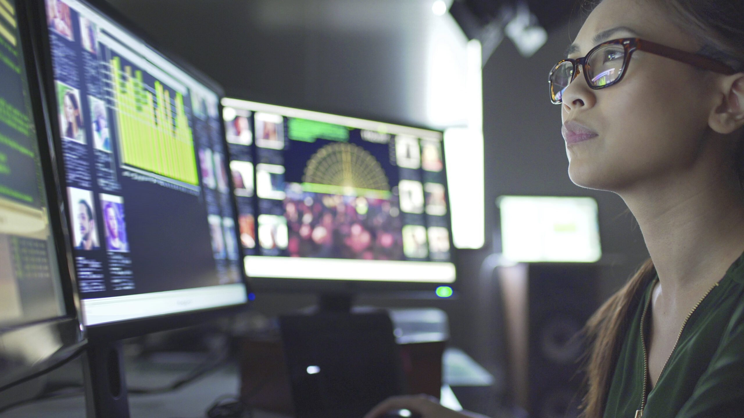 Women data science concept. Asian woman studying computer monitors