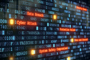 Cybersecurity predictions in 2023 concept. Multiple rows of hexadecimal code are interrupted by red glowing warnings and single character exclamation marks.