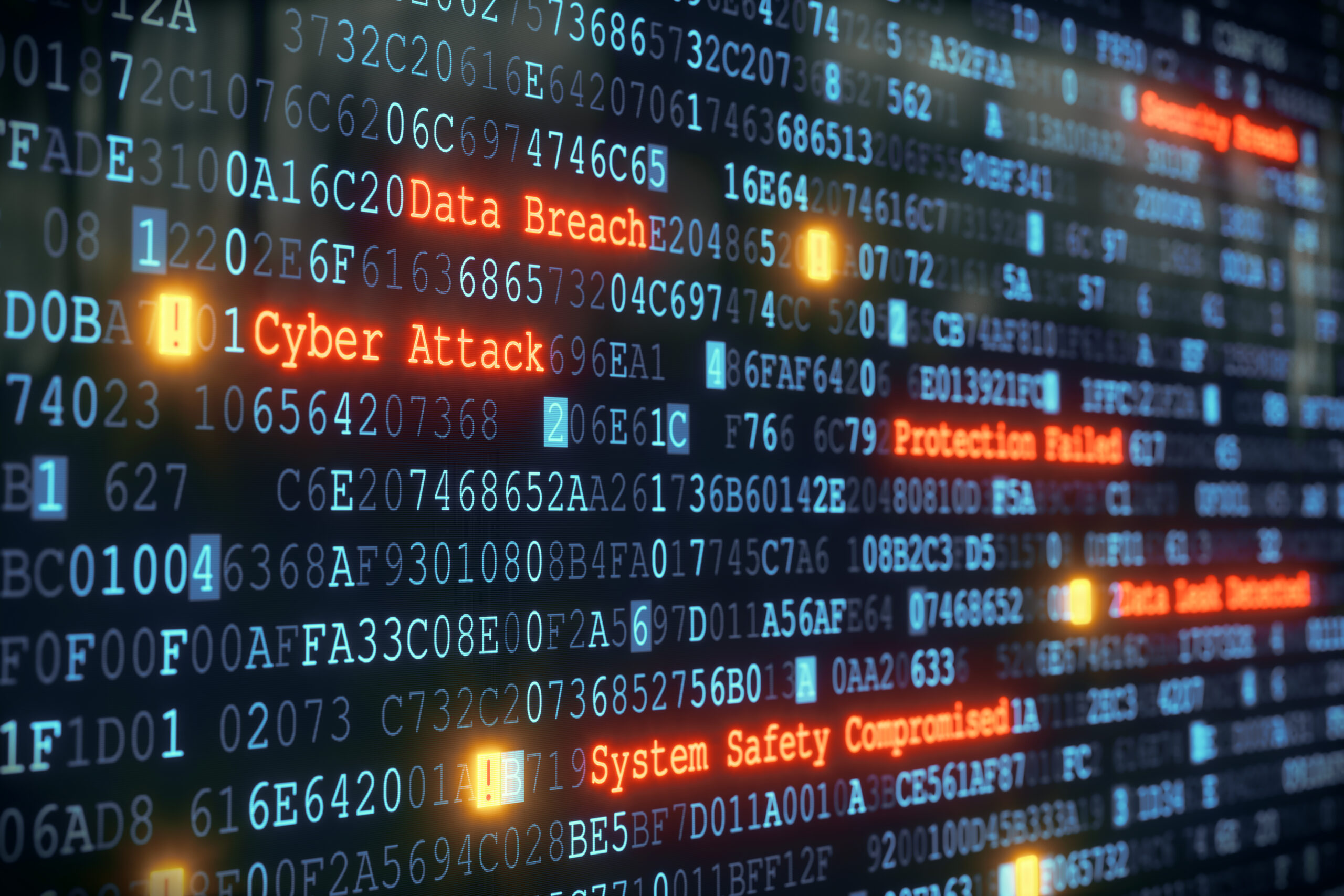 Cybersecurity predictions in 2023 concept. Multiple rows of hexadecimal code are interrupted by red glowing warnings and single character exclamation marks.