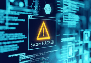ESXiArgs concept. Computer monitor with System Hacked warning