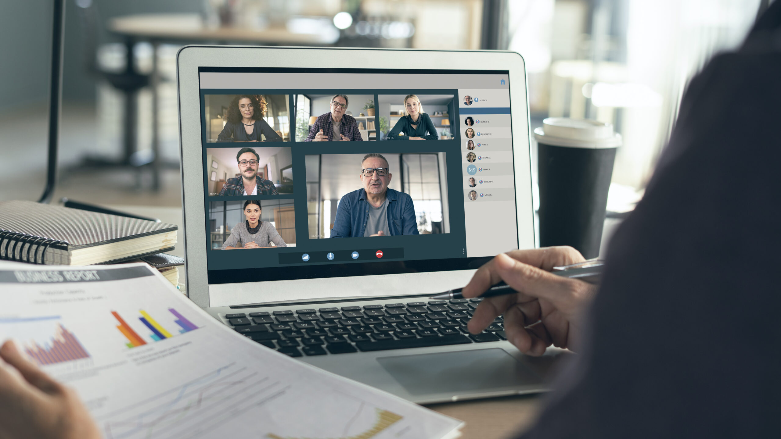 Microsoft Teams concept. Videoconference call in progress on laptop.